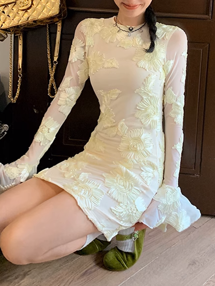 メッシュフラワーバックレスフィットドレス
