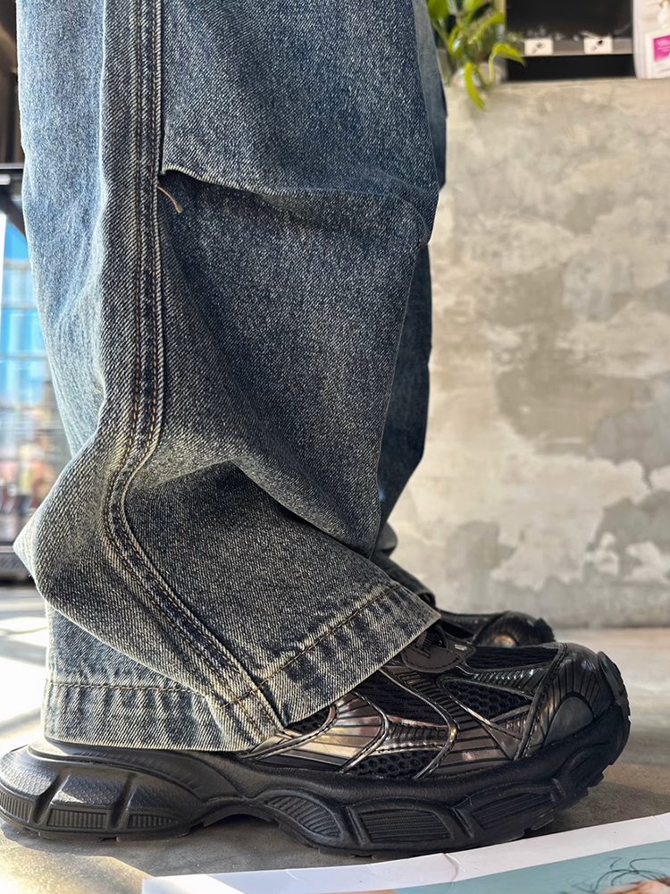 レトロワークパースプリーツデニムパンツ