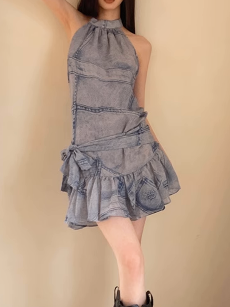 バックレスデニムワンピース