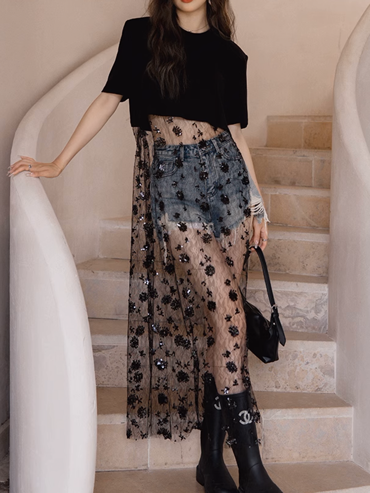メッシュスパンコールレイヤードワンピース