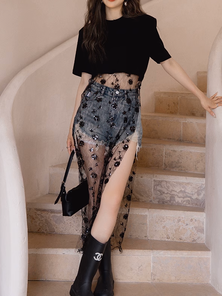 メッシュスパンコールレイヤードワンピース