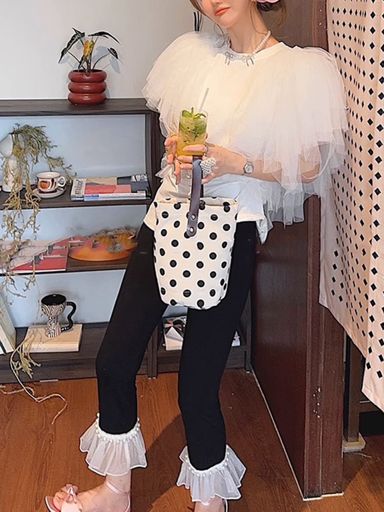 チュールスリーブハーフスリーブトップス