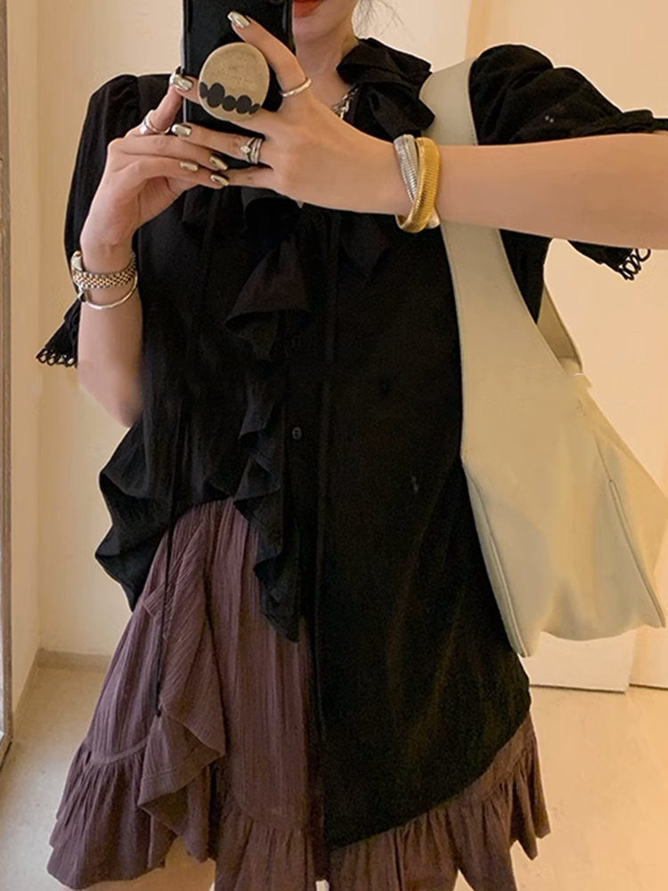 アシンメトリーVネックフリルシャツ