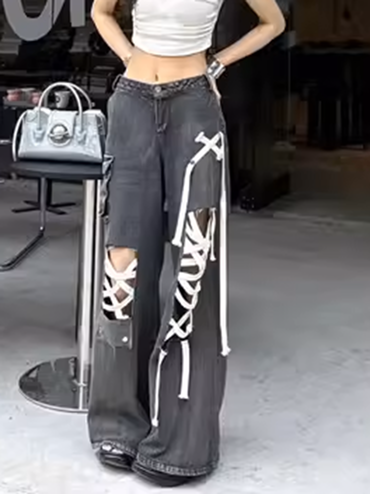 ストラップリップドデニムパンツ