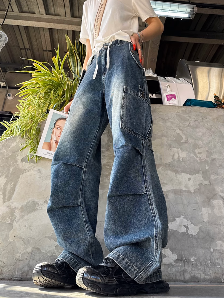 レトロワークパースプリーツデニムパンツ