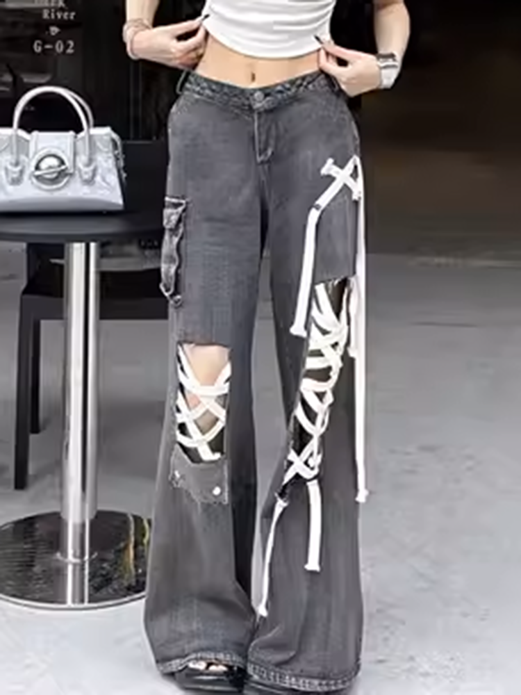 ストラップリップドデニムパンツ
