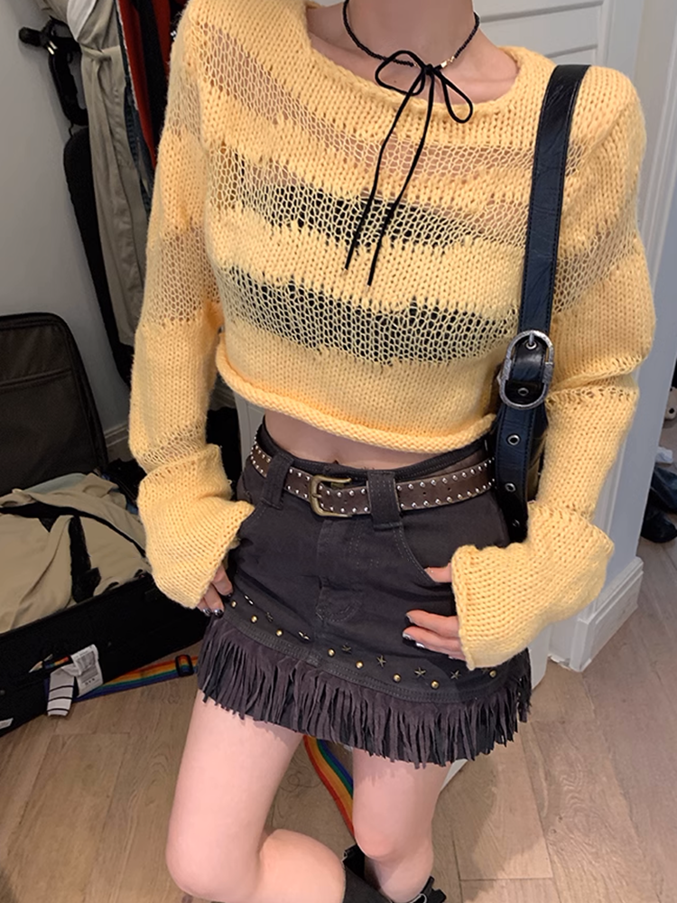 タッセルデニムショートスカート+ベルト