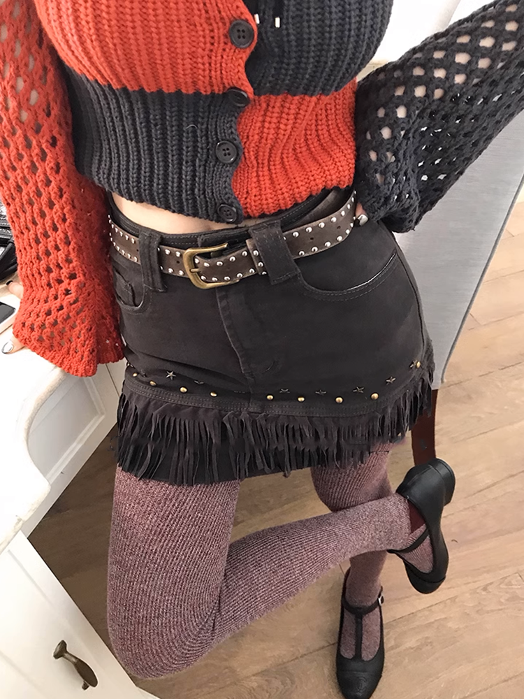 タッセルデニムショートスカート+ベルト
