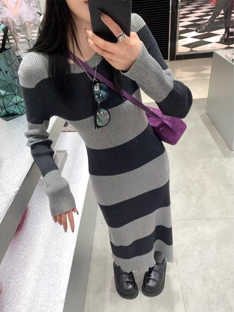 ダメージヘムストライプロングワンピース