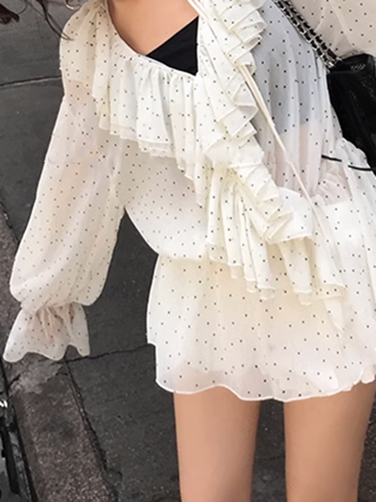 フロントシフォンバルーンスリーブブラウス