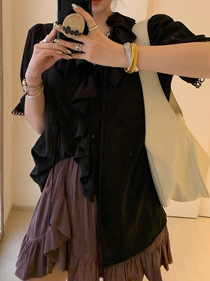 アシンメトリーVネックフリルシャツ