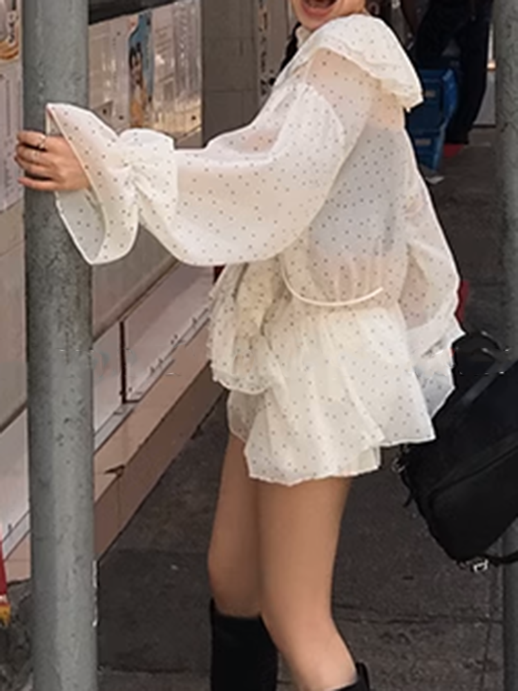 フロントシフォンバルーンスリーブブラウス