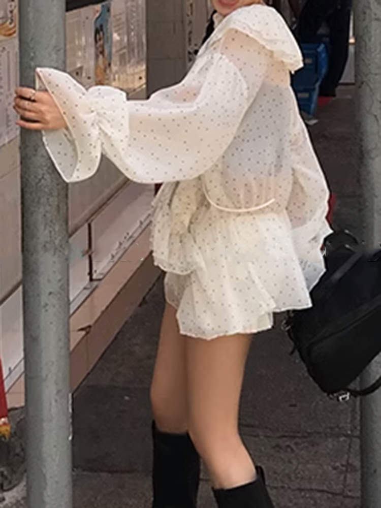 フロントシフォンバルーンスリーブブラウス