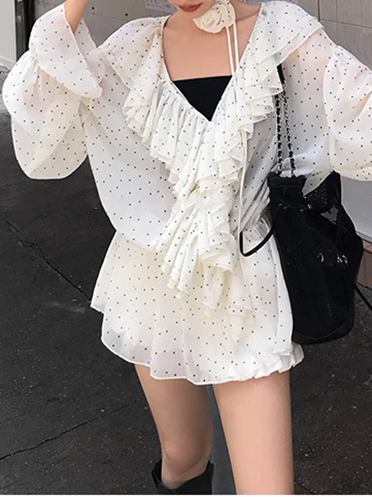 フロントシフォンバルーンスリーブブラウス