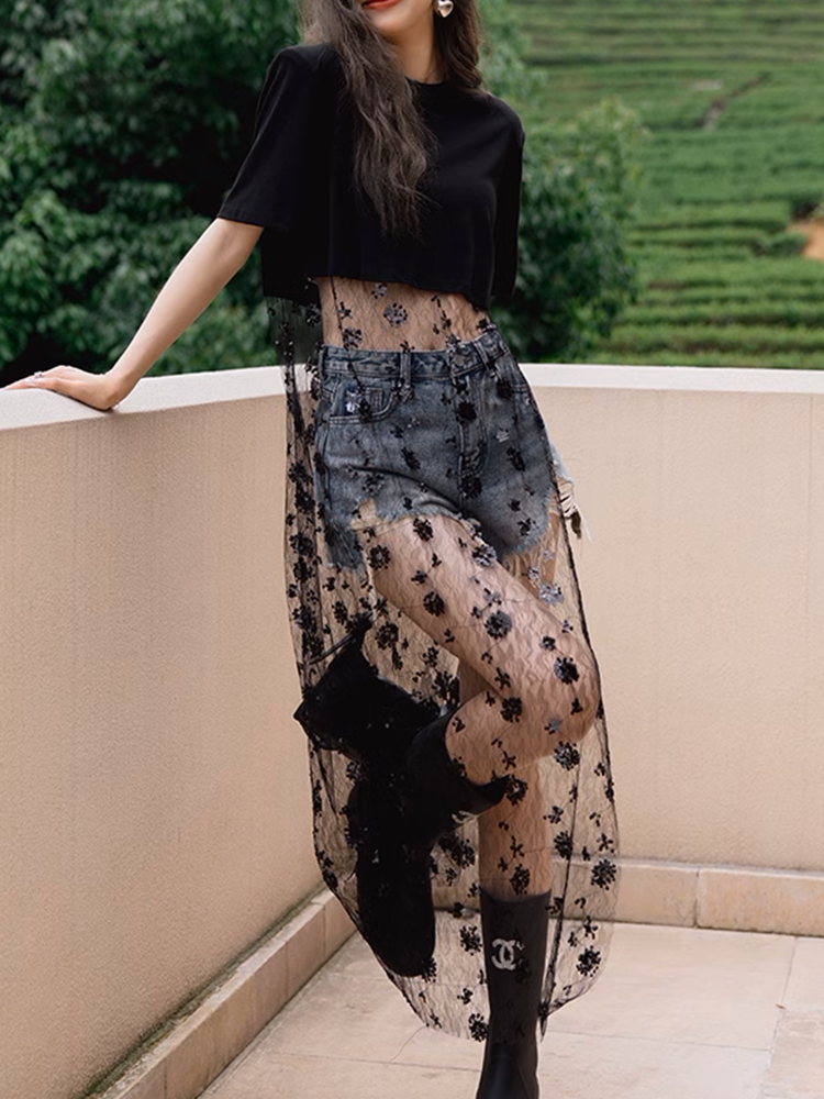 メッシュスパンコールレイヤードワンピース