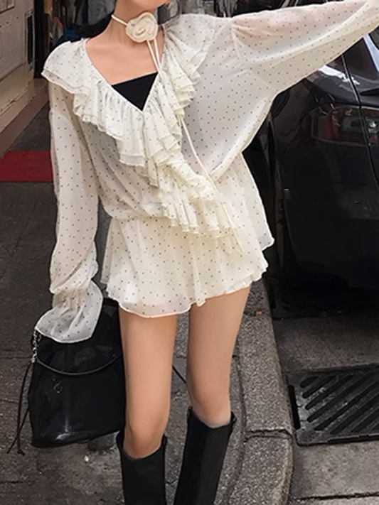 フロントシフォンバルーンスリーブブラウス
