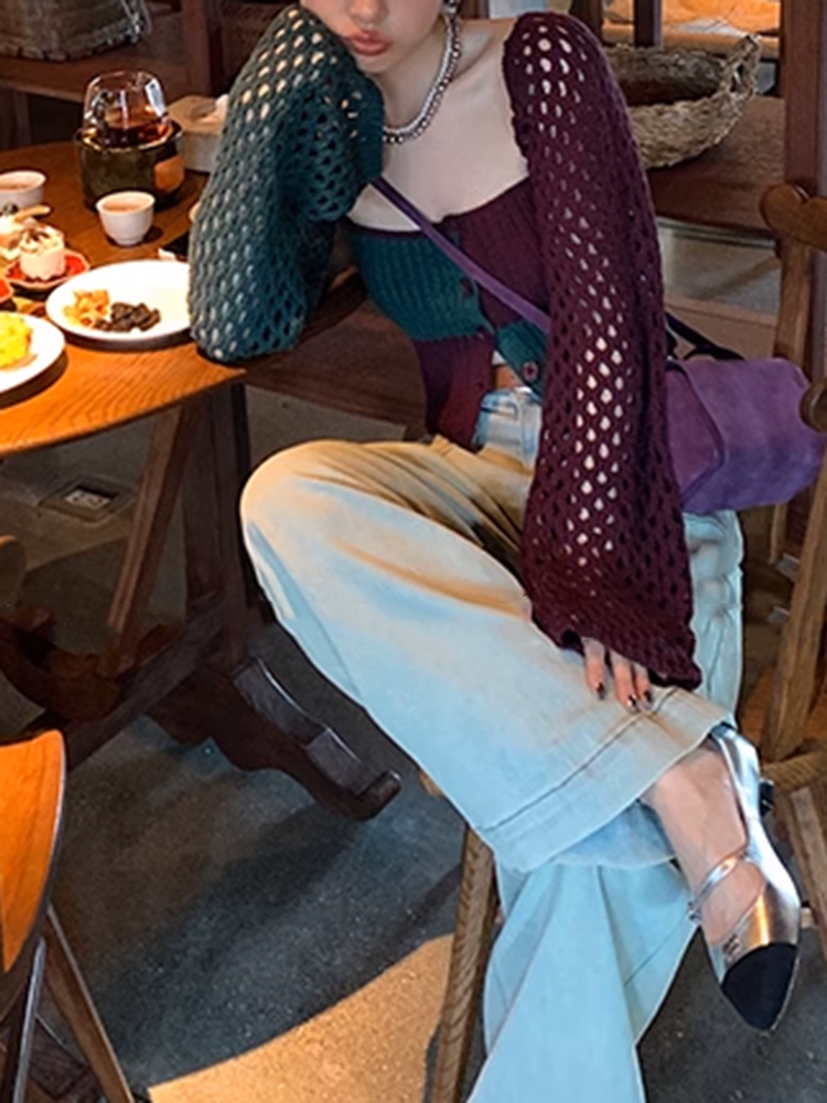 カラーブロックニットカーデ