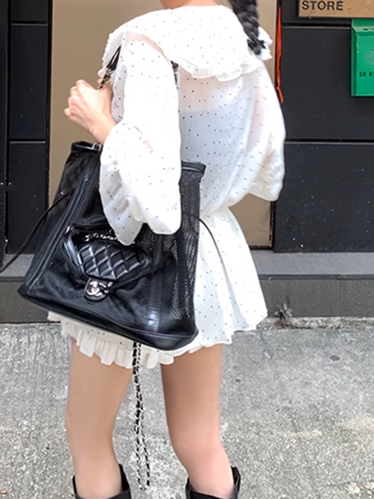 フロントシフォンバルーンスリーブブラウス