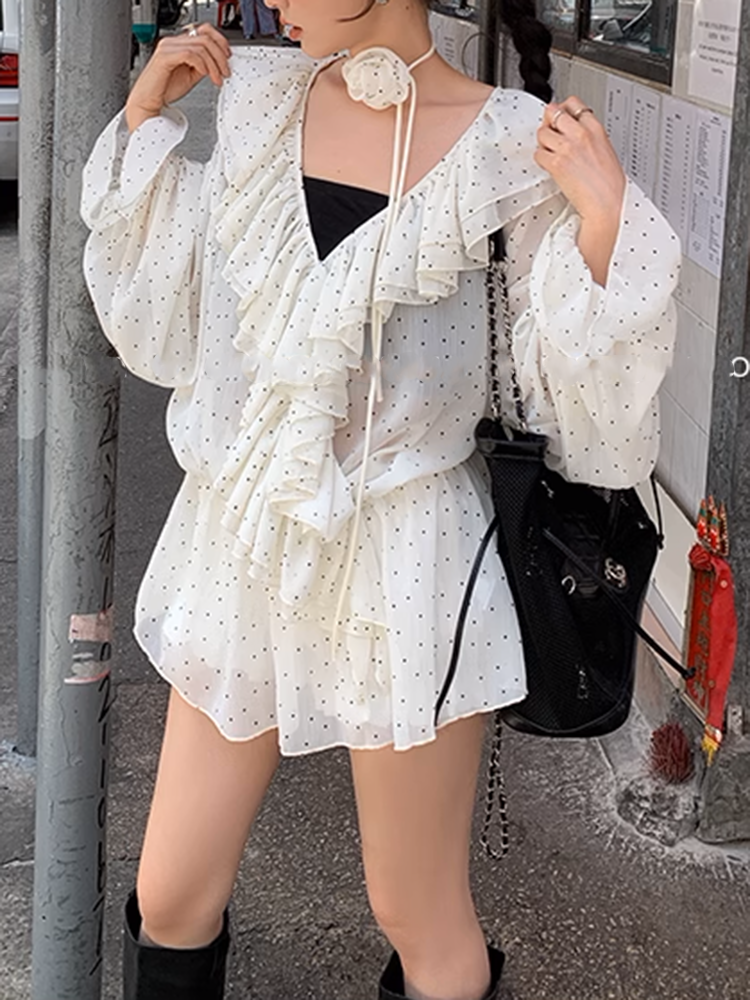 フロントシフォンバルーンスリーブブラウス